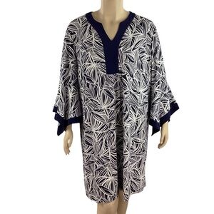 Perceptions Woman 3X Navy Leaf Print Tunic Dress with Split Neck